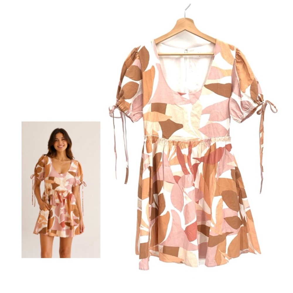 Girl and the Sun Spice Leaf Print Tier Square Neckline Midi Dress Size Small